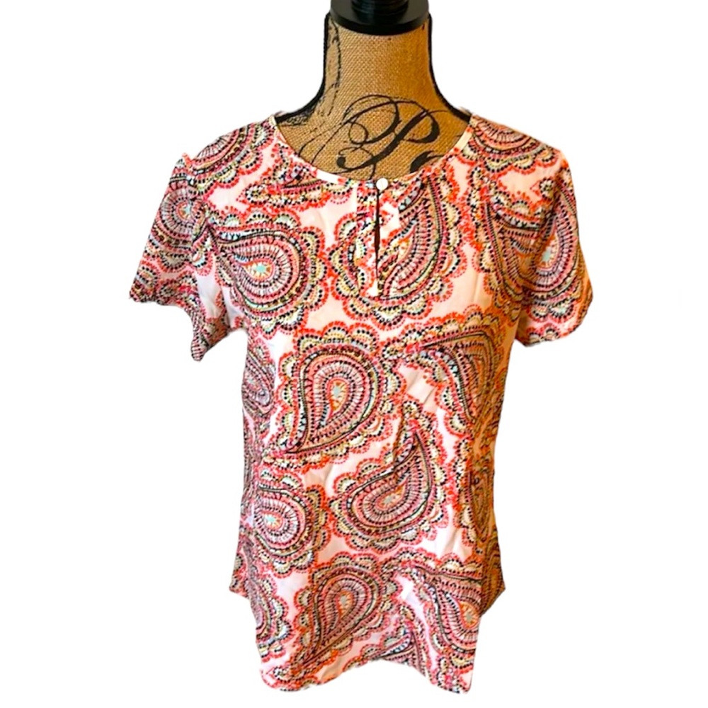 Van Heusen Geometric Paisley Print Top Shirt Blouse Button Soft M